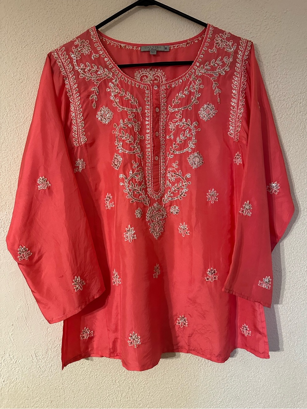Calypso St. Barth Tunic Women Pink 100% Silk Embroidered Sequined Long Sleeves M